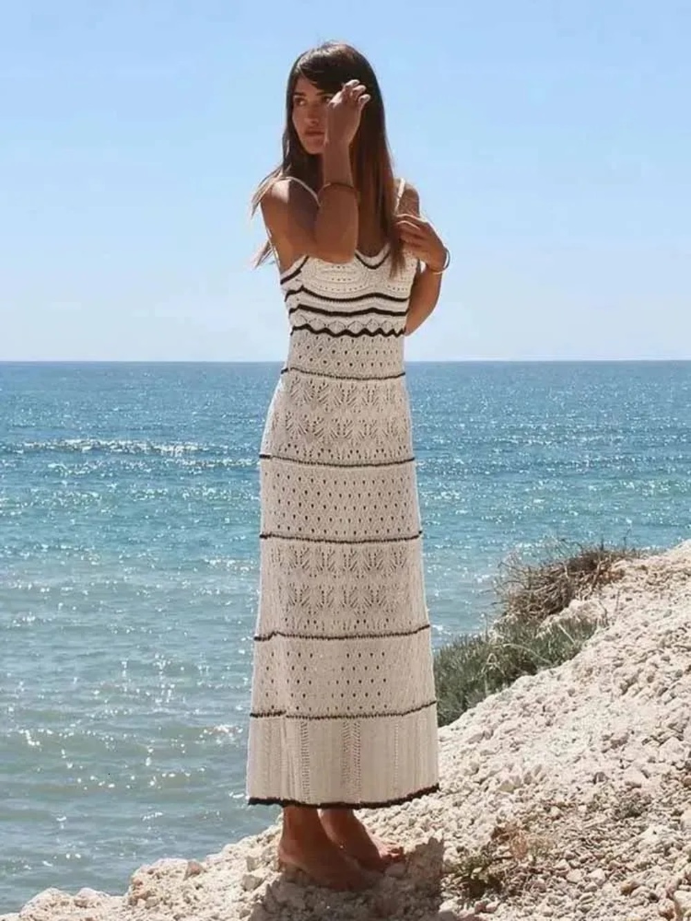ZARA Black & White Crochet Maxi Dress Sleeveless Size Small